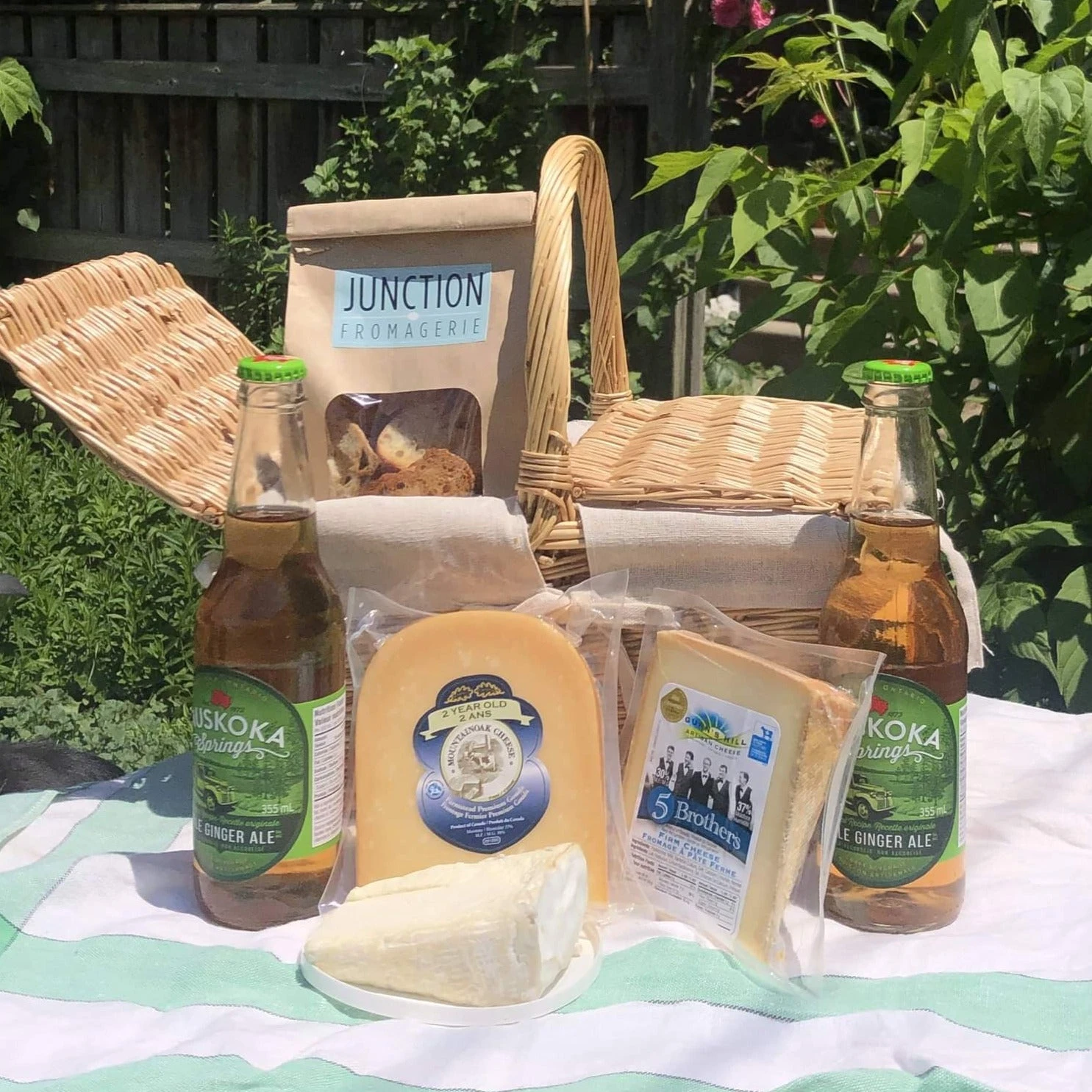 Picnic Basket with Artisanal Cheese Ginger Ale