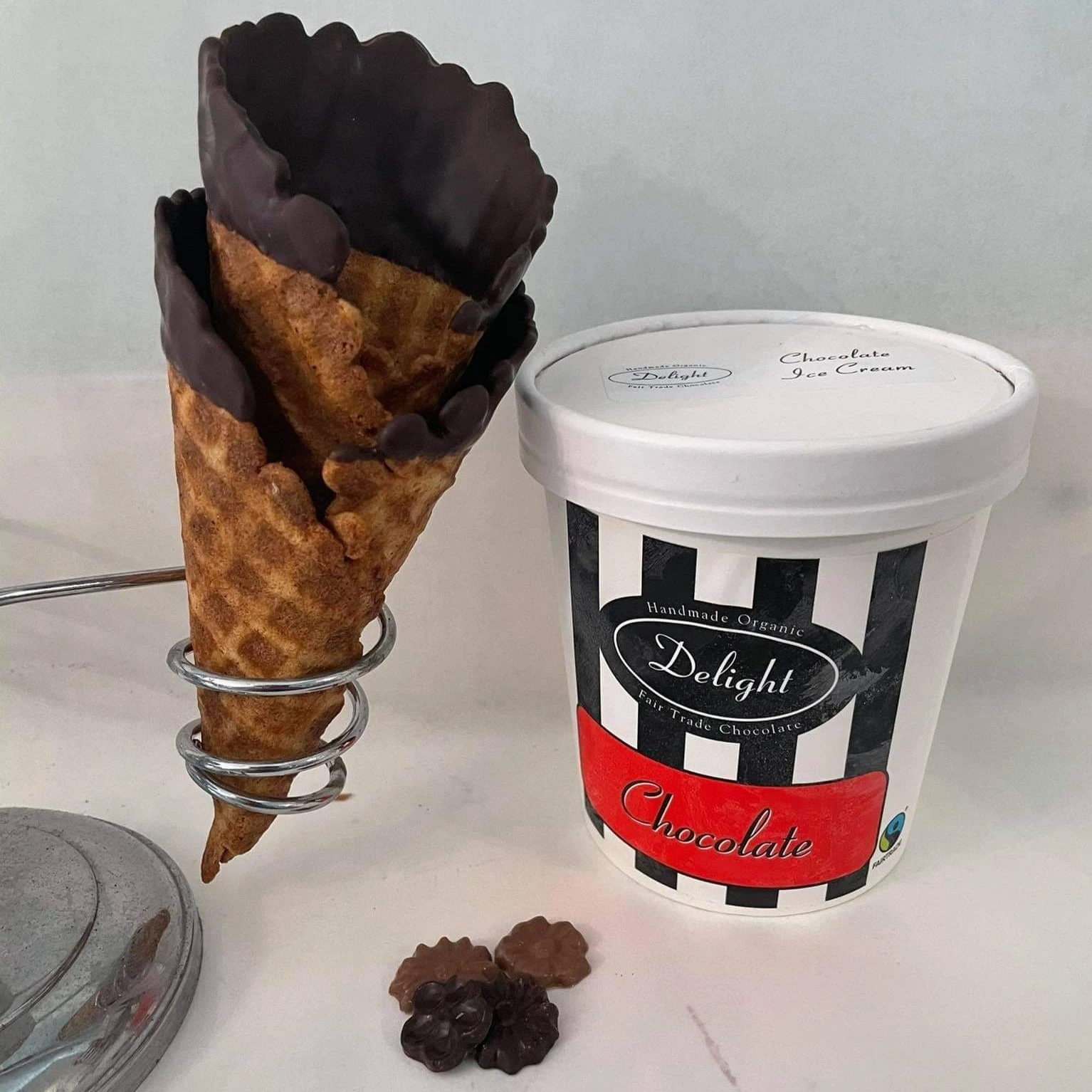 Dairy Free Ice Cream Kit for 2 - With Handmade Waffle Cones Dipped in Dark Chocolate